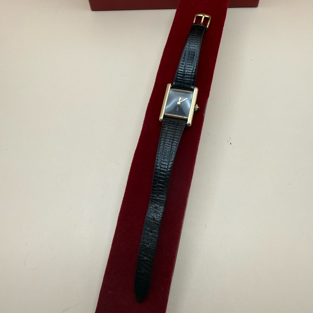 Cartier Tank Style With Black Dial, Solid Sterling Silver Plated in 18k Gold - Picture 2 of 16